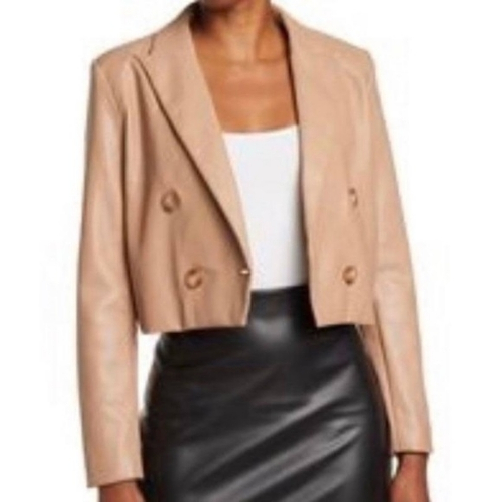 NEW Catherine Malandrino Faux Leather Cropped Blazer Jacket Size XS Toffee Tan